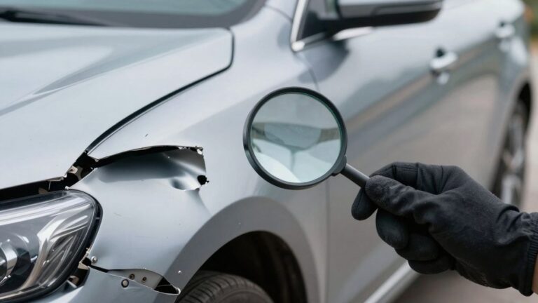 Beschädigtes Auto mit Lupe, die den Schaden untersucht.