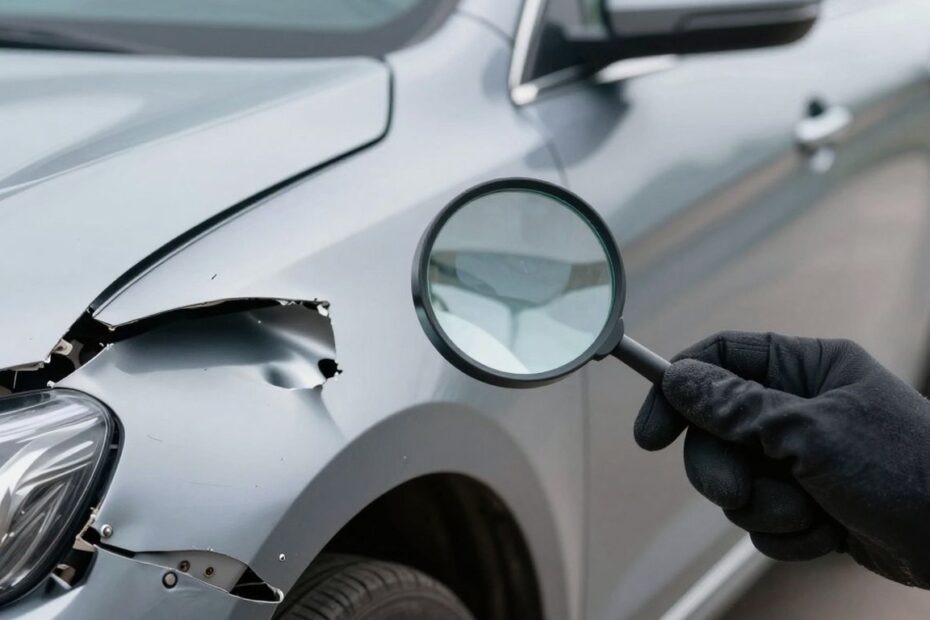 Beschädigtes Auto mit Lupe, die den Schaden untersucht.